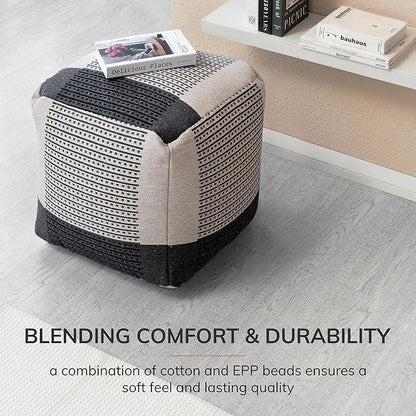 Anji Mountain 100% Handmade & Handcrafted Comfortable Home Décor Pouf Ottoman Footrest for Living Room, Bedroom, Nursery, Kidsroom, Patio Furniture - (20" x 20" x 20"- Black,Ivory)