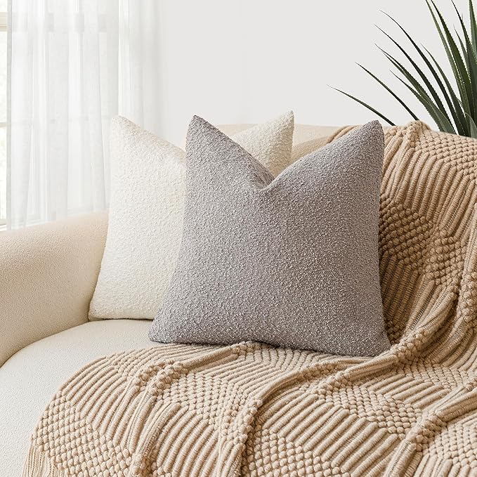 Foindtower Decorative Boucle Throw Pillow Covers Accent Solid Pillow Cases Cozy Soft Textured Couch Cushion Case for Chair Sofa Bedroom Living Room Home Decor 22 x 22 Inch,Neutral Grey