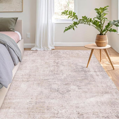 Modern Pink and Grey 5x7 Area Rugs for Bedroom - Abstract Living Room Rug, for Dining Room Under Table, Washable, Non Slip & Soft, Medallion Distressed Print Pattern