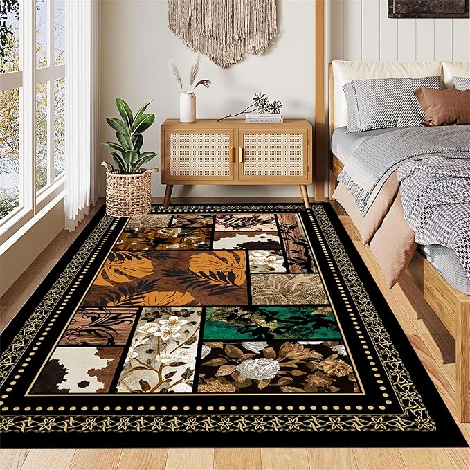 Patchwork Floral & Tropical Leaf Area Rug 6x9ft, Vintage Boho Pattern Low Pile Carpet, Non-Slip & Machine Washable for Bedroom, Living Room, Farmhouse, Home Office