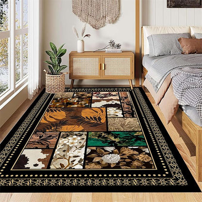 Patchwork Floral & Tropical Leaf Area Rug 6x9ft, Vintage Boho Pattern Low Pile Carpet, Non-Slip & Machine Washable for Bedroom, Living Room, Farmhouse, Home Office