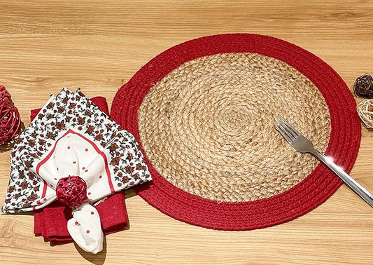 CHARDIN HOME Round Verona Woven Jute & Cotton Braided PLACEMAT (Set of 4), Size -15 inch, Round, Color - Natural Jute with Red Border