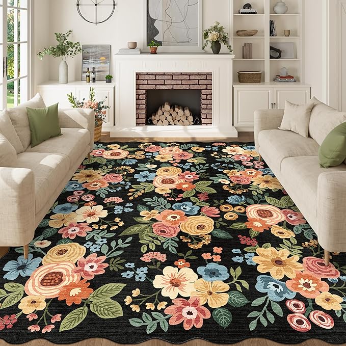 DUKINO 8x10 Area Rug, Floral Washable Rugs for Living Room with Non Slip Backing & Non-Shedding, Lightwight Low Pile Boho Design Large Carpets for Bedroom, Living Room, Dining Room, Black
