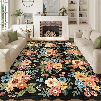 DUKINO 8x10 Area Rug, Floral Washable Rugs for Living Room with Non Slip Backing & Non-Shedding, Lightwight Low Pile Boho Design Large Carpets for Bedroom, Living Room, Dining Room, Black