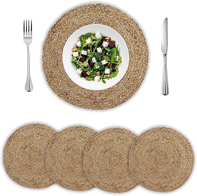 CHARDIN HOME Round Woven Jute Braided Set of 4 PLACEMATS | 14 inch Round Farmhouse Table mats | All Natural Jute for