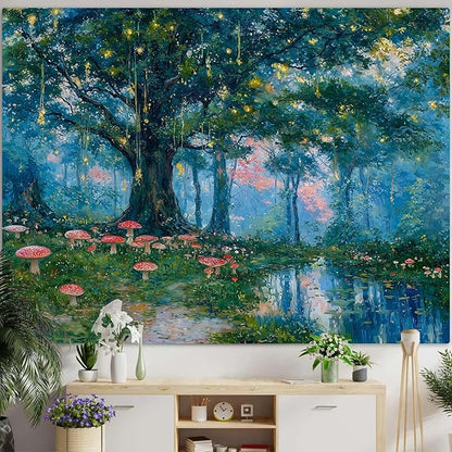 Haibimen Monet Nature Forest Tapestry Wall Hanging Green Tree Mushroom Landscape Tapestries for Bedroom Watercolor Aesthetic Wallpaper Decor for Living Room (forest-1, 48''×36'')