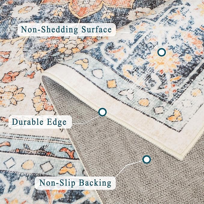 vivorug 5x7 Area Rugs - Boho Ultra-Thin Washable Rug with Non-Slip Backing, Ideal for Living Room, Bedroom, Kitchen Floor Carpet - Vintage Floral, Easy Clean, Durable, Low Pile Orange/Navy