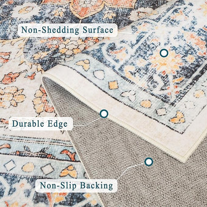 vivorug 5x7 Area Rugs - Boho Ultra-Thin Washable Rug with Non-Slip Backing, Ideal for Living Room, Bedroom, Kitchen Floor Carpet - Vintage Floral, Easy Clean, Durable, Low Pile Orange/Navy