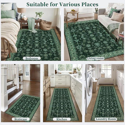 Tangsoo 8x10 Green Large Area Rug for Living Room, Non Slip Machine Washable Rug for Bedroom, Boho Distressed Vintage Floral Rugs, Soft Indoor Floor Carpet Mat for Office Nature Forest Farmhouse Decor
