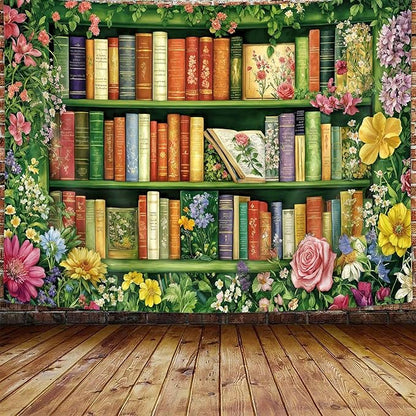 DYNH Wildflowers Bookshelf Tapestry,Book on Bookshelf and Colorful Plants Tapestries,Vintage Art Wall Hanging Decor for Study Room Bedroom Living Room College Dorm,71x60In