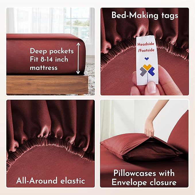 California Design Den Natural 100% Cotton Sheets Full Size Bed Set with Deep Pockets - Soft Sateen Weave, Durable Sheets (Brick Red)