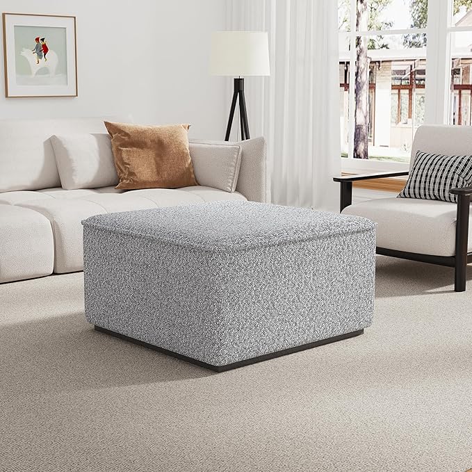Scott Living Slate Modern Square Ottoman Coffee Table, Loop Yarn Upholstered Cocktail Ottoman for Living Room Sofa, Entryway Comfortable Footstool, Wooden Sofa Foot Rest, White+Black