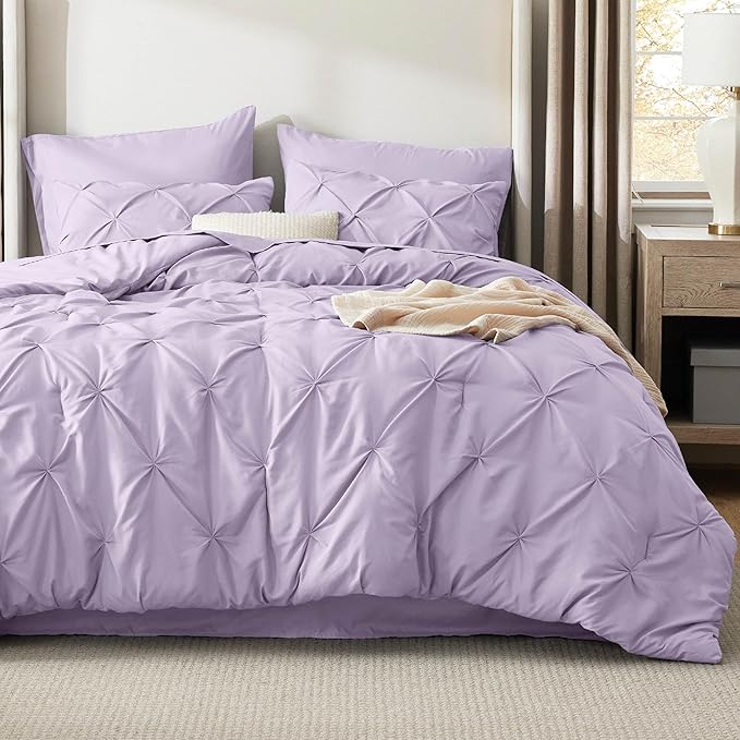 Bedsure Queen Comforter Set Light Purple - Bed in a Bag Queen Size Bedding 7 Pieces, GentleSoft™ Pintuck Bed Set Gift for Family, Pinch Pleat All Season Comforter with Sheets, Pillowcases & Shams