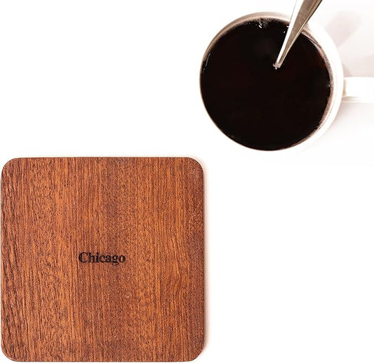 Chicago Map Coaster by O3 Design Studio, Set Of 4, Sapele Wooden Coaster With City Map, Handmade