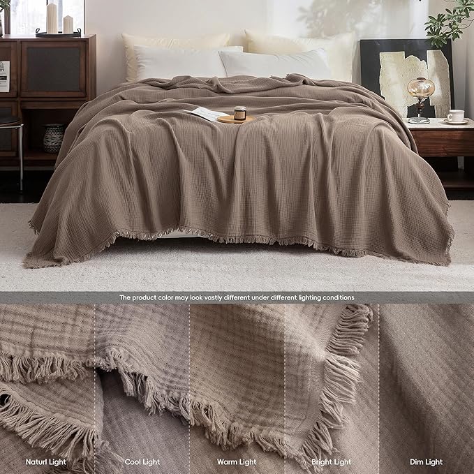 FOSSA Muslin Blanket with Fringe - 4-Layer 100% Cotton Gauze Super Soft & Breathable Throw -Lightweight Decorative Cooling Blanket for Bed, Sofa, Office (Pale Brown, Twin XL (66" × 90"))