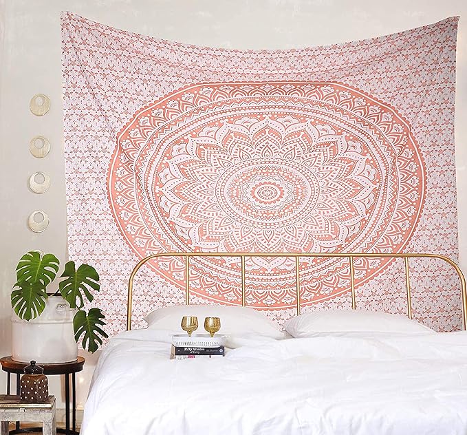 raajsee Rose Gold Ombre Tapestry Wall Hanging Mandala-Bohemian Room Decor-Indian Cotton Throw Hippie Tapestries -Boho Bedding Queen Bedspread 82x92 Inches