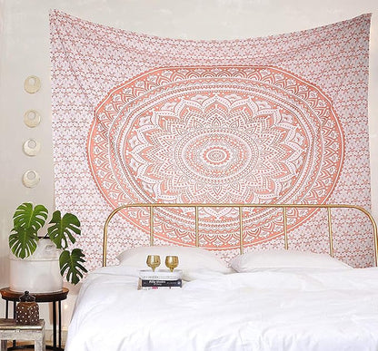 raajsee Rose Gold Ombre Tapestry Wall Hanging Mandala-Bohemian Room Decor-Indian Cotton Throw Hippie Tapestries -Boho Bedding Queen Bedspread 82x92 Inches