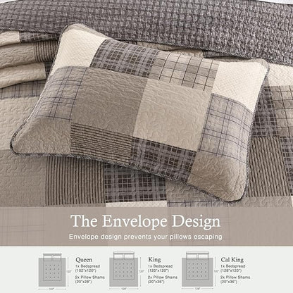 Farmhouse Bedspread King Size 120"x120" - 100% Cotton Lightweight Oversized King Quilt with 2 Pillowshams, Cottage Plaid King Quilted Bedding Bed Spreads Coverlet, Brown/Beige/Khaki
