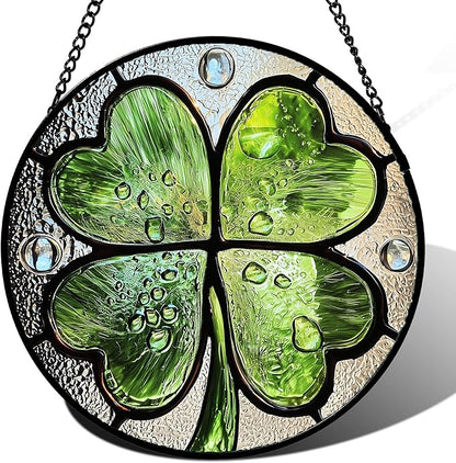 Stained Glass Window Hanging - St. Patrick's Day Green Irish Themed Gifts Sun Catcher Door Home Clover Decor Suncatcher Christmas Mother's Day Birthday Gifts for Women Men Mom Nana 15 in