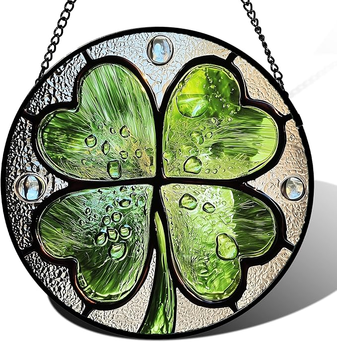 Stained Glass Window Hanging - St. Patrick's Day Green Irish Themed Gifts Sun Catcher Door Home Clover Decor Suncatcher Christmas Mother's Day Birthday Gifts for Women Men Mom Nana 6.3 in