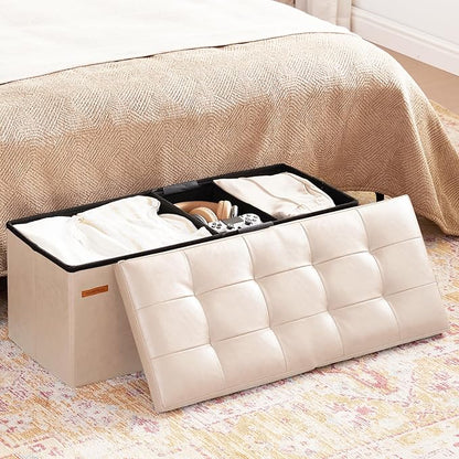 HAUSFRAU 31.5 Inches Ottoman with Storage Bench, Folding Ottoman Bench Small Foot Rest Stool, Bedroom Bench with Flipping Lid, Faux Leather Ivory