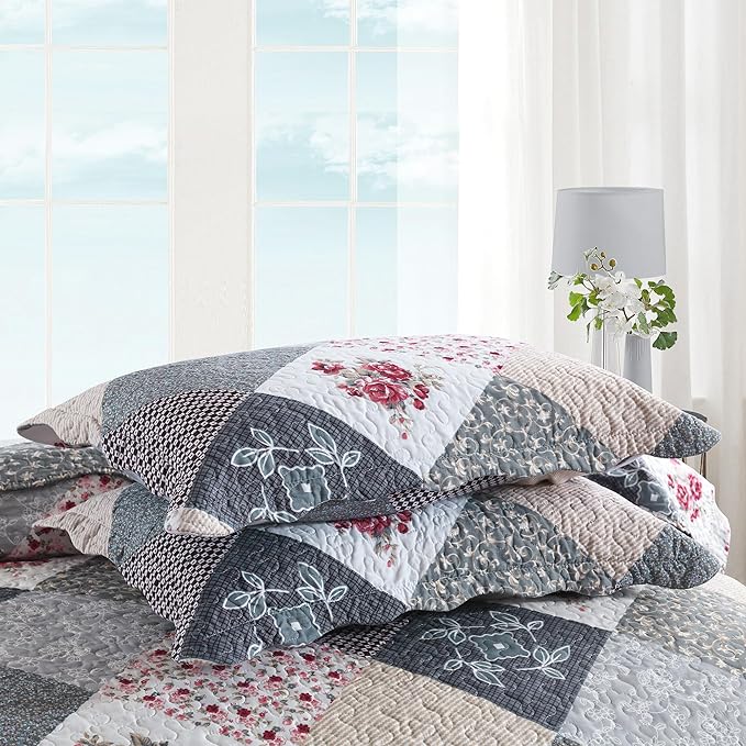 HoneiLife Quilt Set Queen Size - 3 Piece Microfiber Quilts Reversible Bedspreads Patchwork Coverlets Floral Bedding Set All Season Quilts-Grey Rose,Queen/Full Size