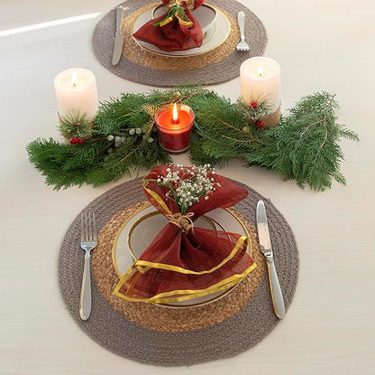 Chardin home Round Verona Woven Jute & Cotton Braided PLACEMAT (Set of 4), Size -15” Round, Color - Natural Jute with Grey Border