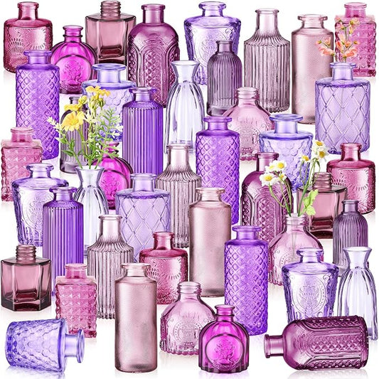 Yaomiao 60 Pcs Vases Bulk Colored Flower Glass Vases Bud Vintage Colored Glass Bottles Colorful Rustic Embossed for Home Wedding Table Decorations Gifts (Pink Series)
