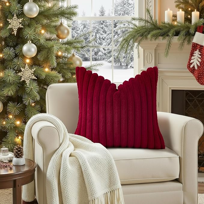 decorUhome Faux Fur Spring Throw Pillow Covers 20x20 Set of 2, Decorative Soft Plush Striped Neutral Couch Pillow Covers with Velvet Back for Sofa, Bed, Living Room Home, Burgundy