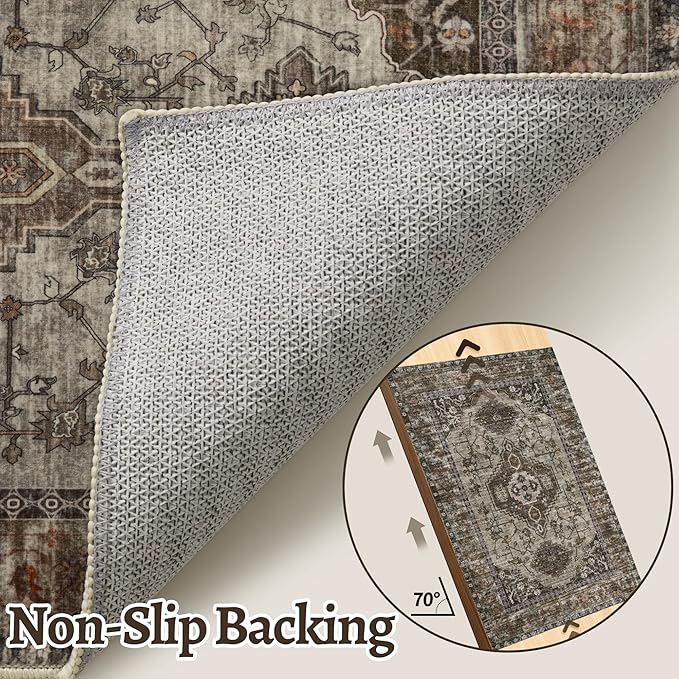 Tangsoo 2x6 Washable Runner Rug for Hallways, Non Slip Vintage Runner Rug, Soft Low Pile Long Rug Runner, Print Distressed Carpet Runners for Kitchen Bedroom Entryway Bathroom Living Room Grey