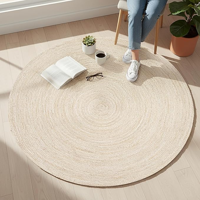 Hausattire Jute Braided Rug, 5’ Round – Off White, Reversible Boho Entry Area Rugs for Kitchen, Living Room, Bedroom I Farmhouse Hand Woven Decorative Floor Carpet Mat, 5 Feet Round