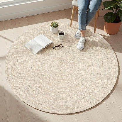 Hausattire Jute Braided Rug, 5’ Round – Off White, Reversible Boho Entry Area Rugs for Kitchen, Living Room, Bedroom I Farmhouse Hand Woven Decorative Floor Carpet Mat, 5 Feet Round
