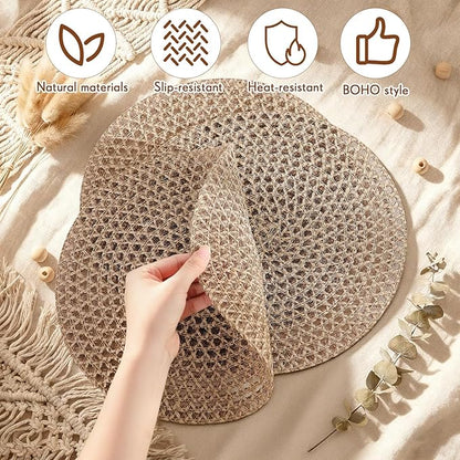 12 Pcs Jute Placemats Boho Braided Woven Table Mats for Dining Table Farmhouse Coasters for Thanksgiving Christmas Party Wedding Events(Natural,12 Inches)