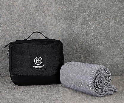 Threadmill Travel Blanket Cotton Viscose derived from Bamboo - Airplane Premium Soft Light Blanket Throw with Black Leather Bag(Grey Color) Compact & Portable Blanket for Travel, Car, Picnic & Camping