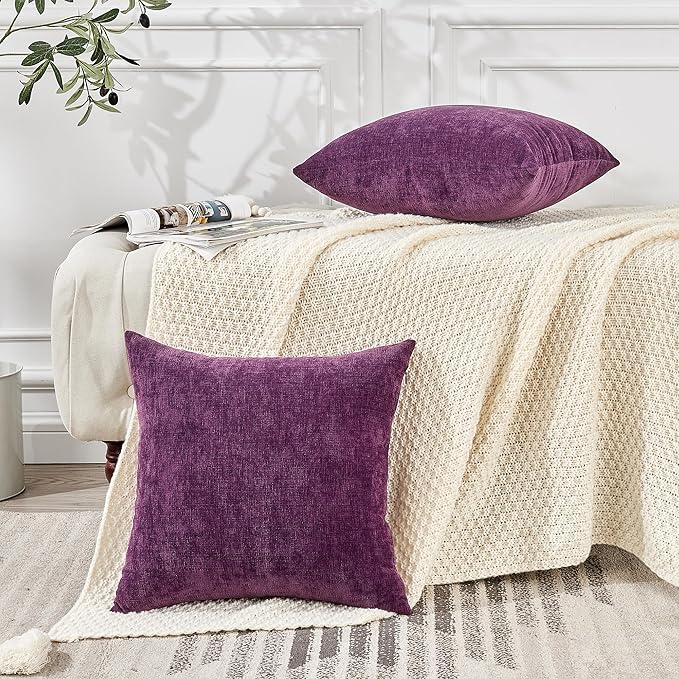 GAWAMAY Decorative Square Throw Pillow Covers 18"x18" Inch Set of 2, Super Soft Chenille Pillows Farmhouse Fall Pillowcase for Living Room Bedroom Sofa Couch Cushion Cover Purple 45x45cm (No Insert)