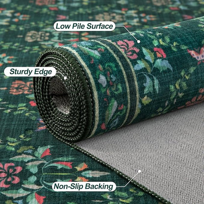 Tangsoo 2x6 Washable Runner Rug for Hallways, Non Slip Green Floral Carpet Runner, Soft Low Pile Floor Carpet Runner for Kitchen, Laundry, Bedroom, Bathroom, Living Room Home Decor