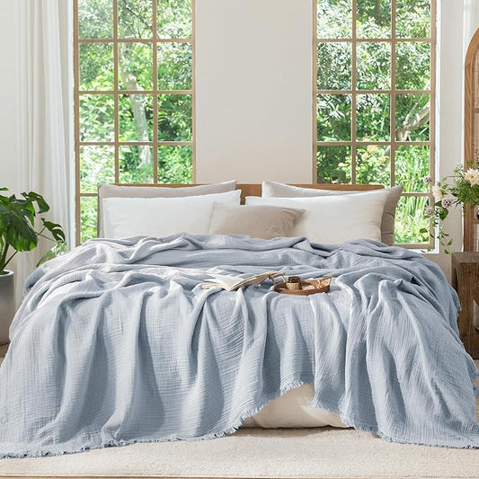 MooMee Muslin Blanket - 100% Cotton 4-Layer Gauze Throw Blanket with Tassels Ultra-Soft Breathable Lightweight Cooling for Bed Couch (Dusty Blue,King 104" x 90")