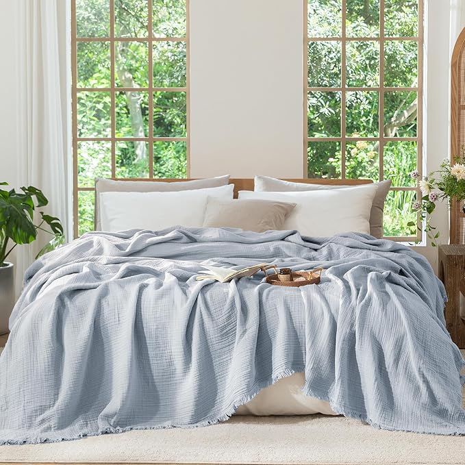 MooMee Muslin Blanket - 100% Cotton 4-Layer Gauze Throw Blanket with Tassels Ultra-Soft Breathable Lightweight Cooling for Bed Couch (Dusty Blue, Queen 90" x 90")