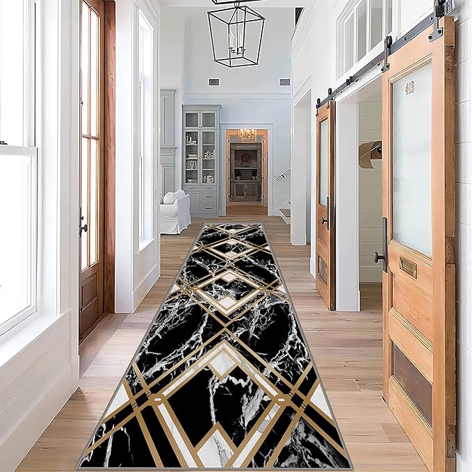 Diamond Geometric Print Area Rug for Bedroom, 4x12ft, Modern Black White Marble Home Decor Carpet, Durable Soft Cozy Non Slip Rug, Breathable Non Shedding Mats for Front Porch