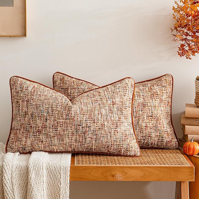 a moment Fall Rust Orange Reversible Pillow Covers 2 Pack - Farmhouse Chenille Throw Pillows, Neutral Textured Decorative Throw Pillow Covers with Border for Couch Sofa Bed (12x20 Inch, No Insert)
