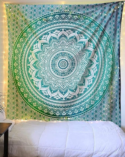 raajsee Large Green Ombre Mandala Tapestry Wall Hanging,Indian Cotton Beach Throw Blanket Hippie Queen Boho Décor,Meditation Yoga Mat Rugs,82x92 Inches