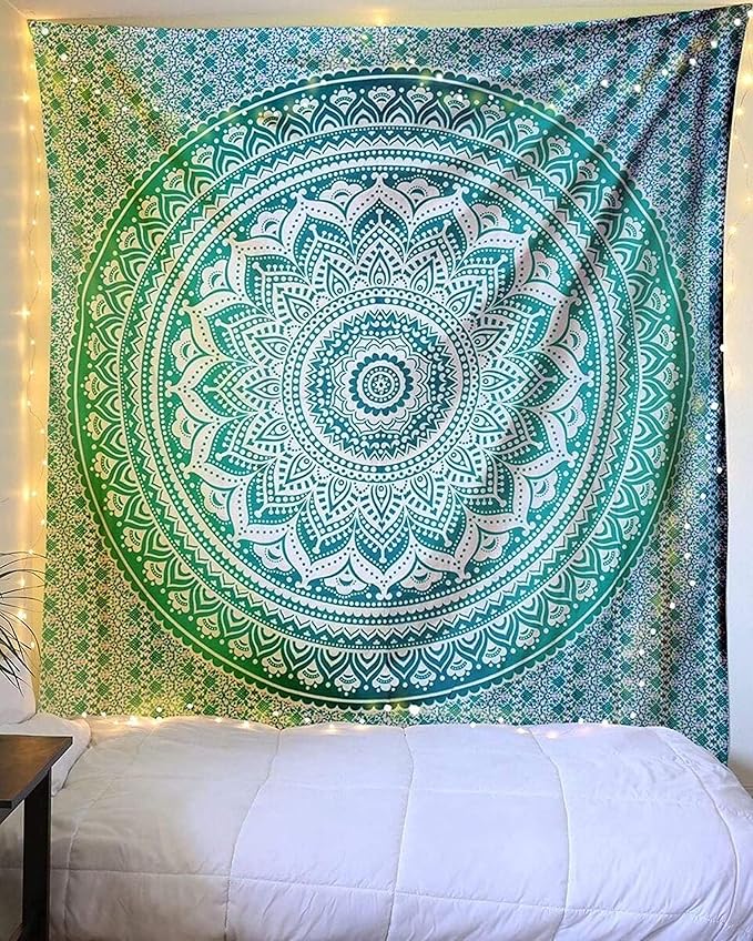 raajsee Indian Cotton Green Tapestry Mandala Wall Hangings- Tapestry For Bedroom - Indie Wall Tapestry Hippie Room Decor - Boho Small Tapestrys Aesthetic 30x40 Inches