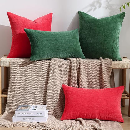 decorUhome Chenille Christmas Red Throw Pillow Covers 18x18 Inch Set of 2, Decorative Soft Couch Pillow Covers Solid Dyed Accent Farmhouse Neutral Square Pillow Cases for Sofa Bed Living Room