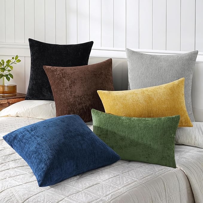 decorUhome Chenille Brown Throw Pillow Covers 16x16 Inch Set of 2, Decorative Soft Couch Pillow Covers Solid Dyed Accent Velvet Farmhouse Neutral Square Pillow Cases for Sofa Bed Living Room