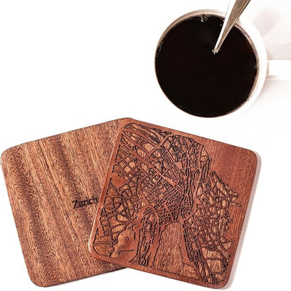 Zurich Map Coaster by O3 Design Studio, Set Of 4, Sapele Wooden Coaster With City Map, Handmade