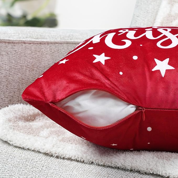 PAVILIA Holiday Throw Pillow Covers 20x20 Set of 2, Decorative Pillow Cases Bed Sofa Couch, Winter Accent Decor Cushion Bedroom Living Room, Velvet Square Euro Sham Covers, Merry Christmas Text Red