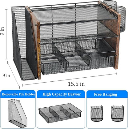 OPNICE Desk Organizer, 4-Tier Desktop File Organizer with Drawer and 2 Pen Holders, Office Desk Accessories, File Sorters, Workspace Organizers for Office Supplies(Brown Wood)
