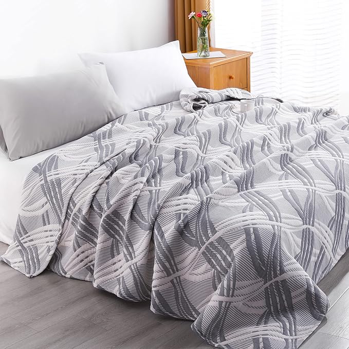 NTBAY 3 Layers Cotton Muslin 106x92 King Bed Blanket, Super Soft Breathable Thermal Yarn Dyed Quilt for Adults, Perfect Lightweight Blanket for Couch Sofa Bed All Seasons, Grey Wave