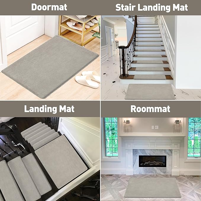 PURE ERA Carpet Stair Tread Landing Mat Area Rug Ultra Plush Shag Soft Non Slip Skid Resistant Tape Free Indoor Doormat Washable Reusable Cream Gray 2' X 3'