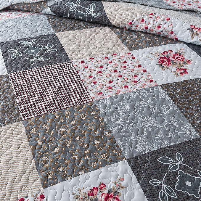 HoneiLife Queen Size Quilt Set - 3 Pieces - Grey Border Microfiber Bedding Set - Lightweight, Reversible Coverlets, Floral Bedding - All Season Quilts